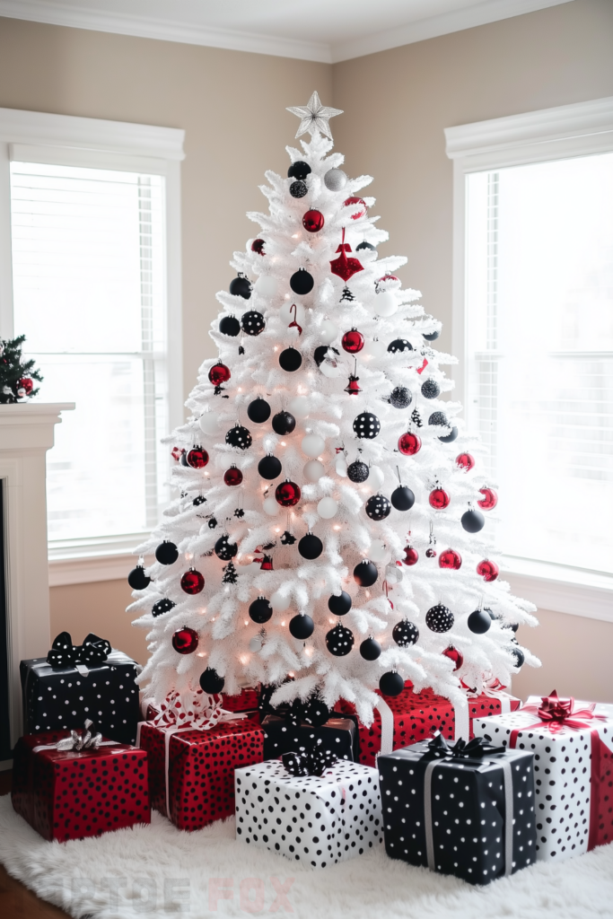 red black and white christmas tree with red and black decor