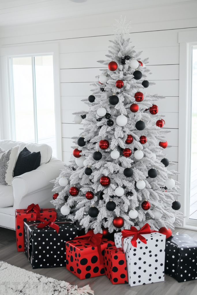 red black and white christmas tree with red and black decorations (1)