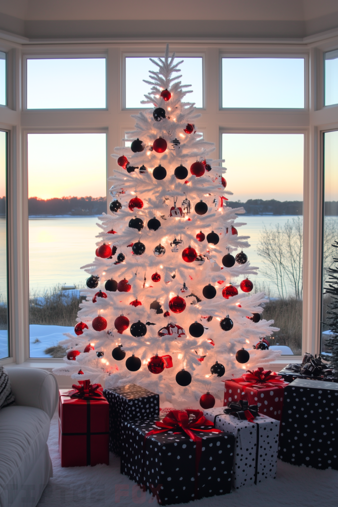 red black and white christmas tree with red and black decorations