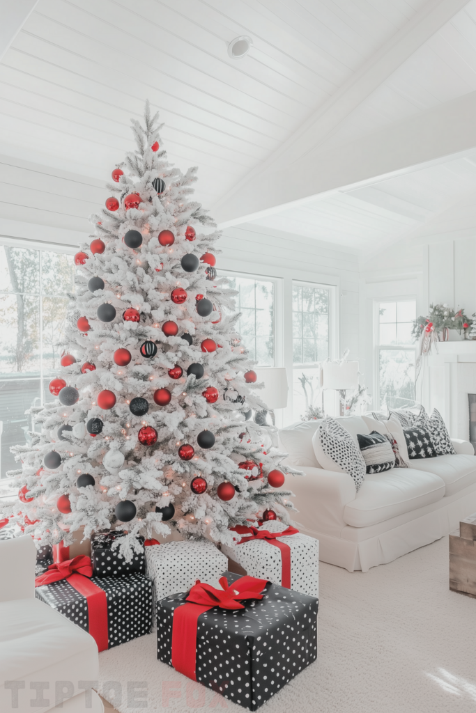 red black and white christmas tree with red and black ornaments (1)