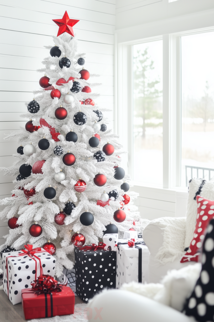 red black decor farmhouse white christmas tree with red and black decorations