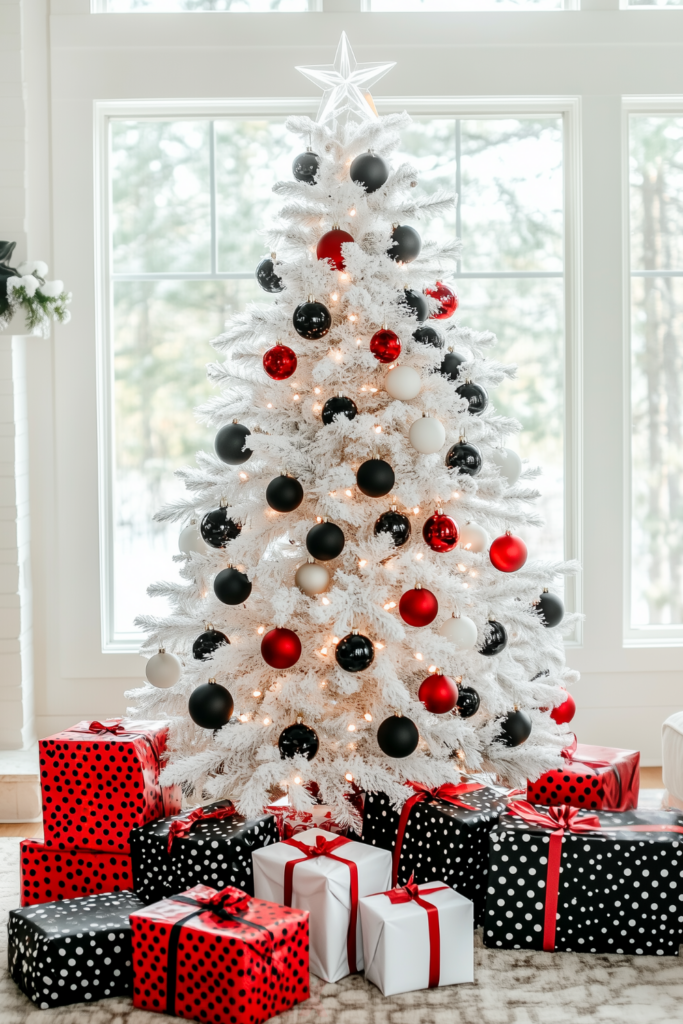 red black decor with white christmas tree red and black ornaments