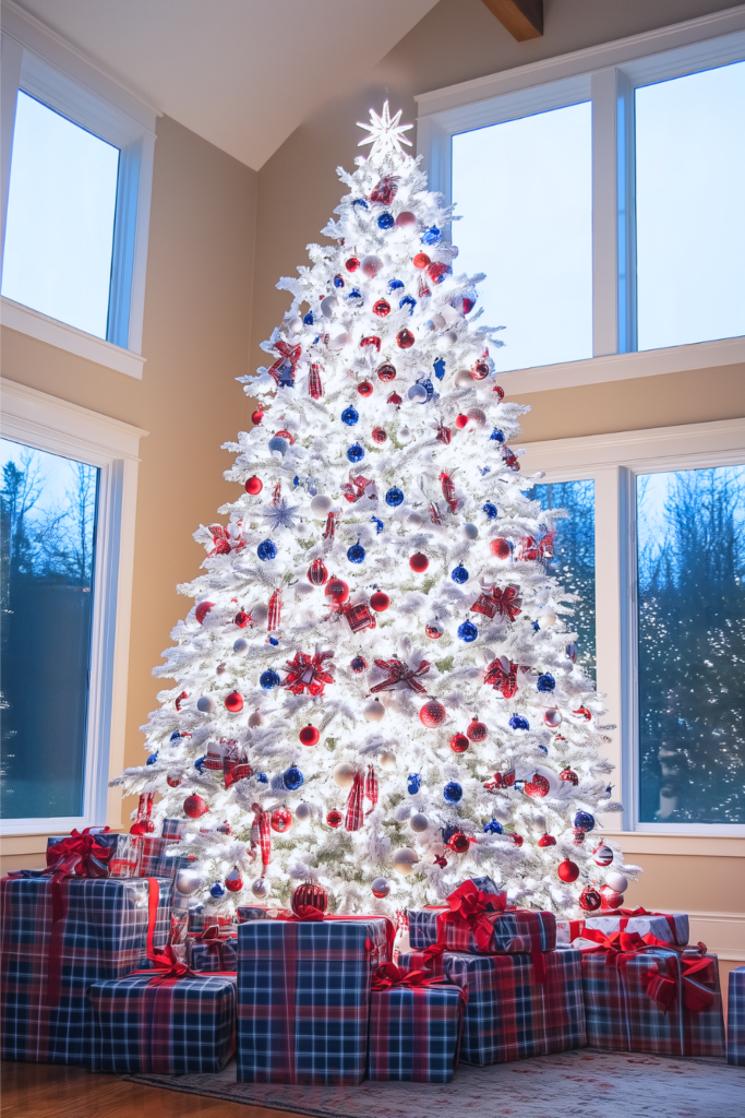 red blue decor with white christmas tree red and blue ornaments