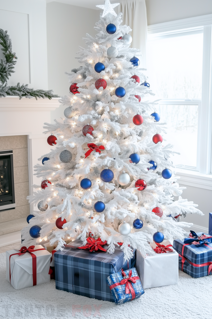 red blue white christmas tree with red and blue decorations