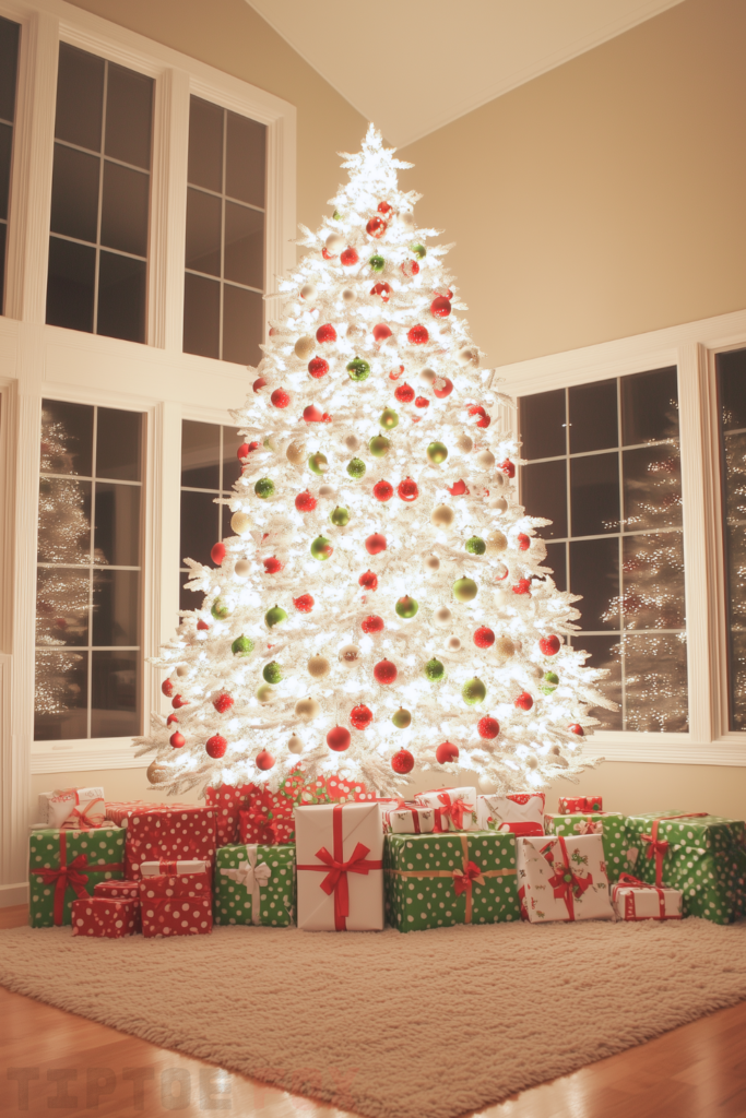 red green and white christmas tree with red and green ornaments (1)