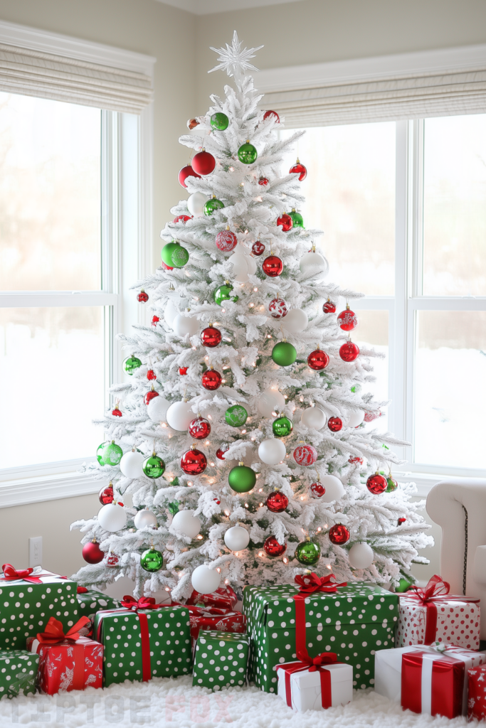 red green and white christmas tree with red and green ornaments