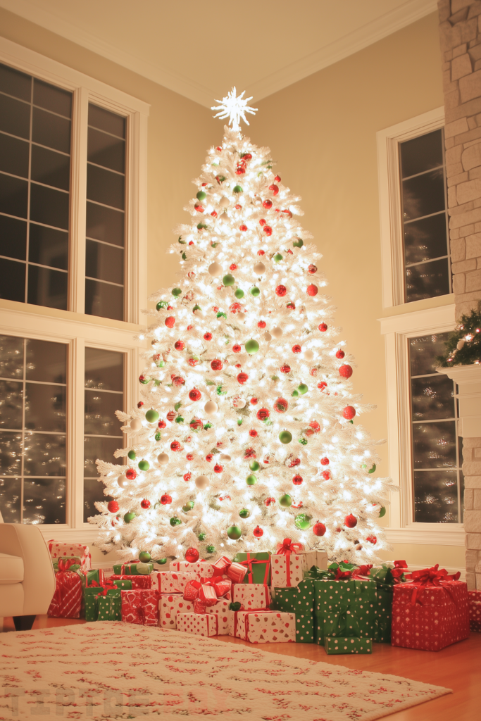 red green and white xmas tree with green and red ornaments