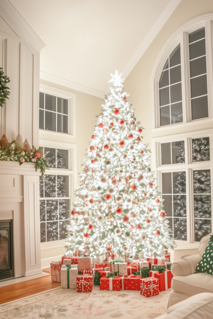 red green white christmas tree with red and green decorations