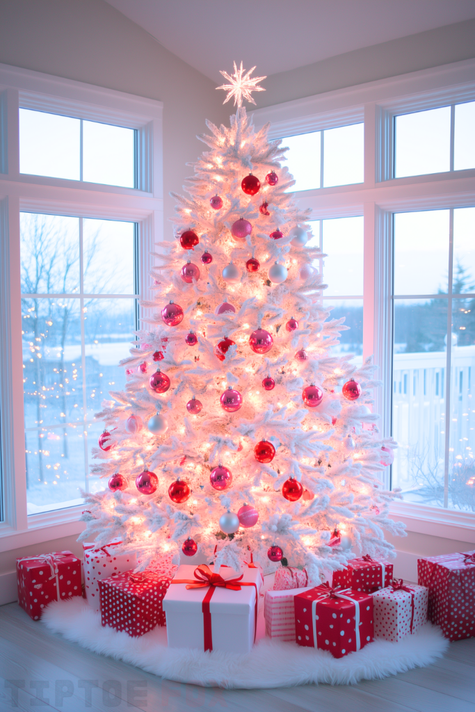 red pink white christmas tree with red and pink ornaments