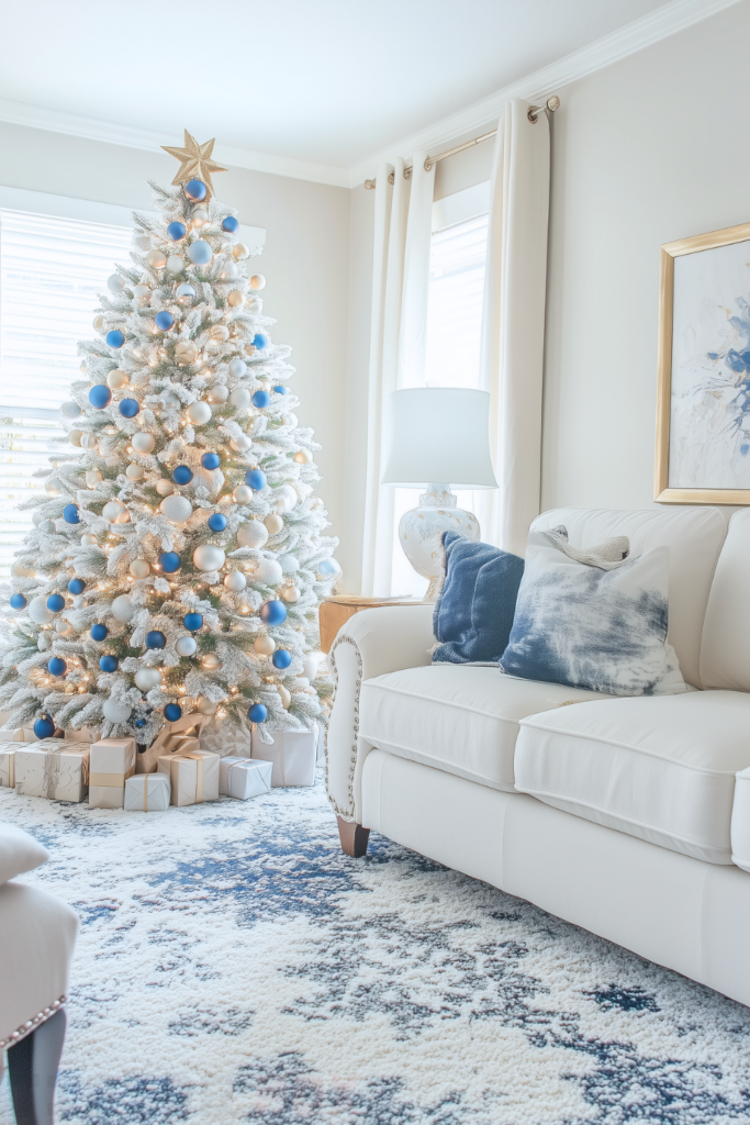 silver blue gold white christmas tree with gold and blue decorations