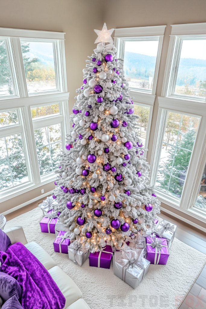 silver purple white christmas tree with silver and purple decorations