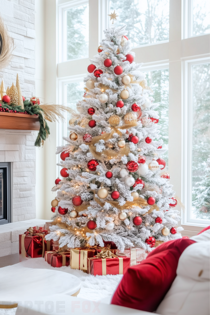 silver red gold white christmas tree with gold and red decorations