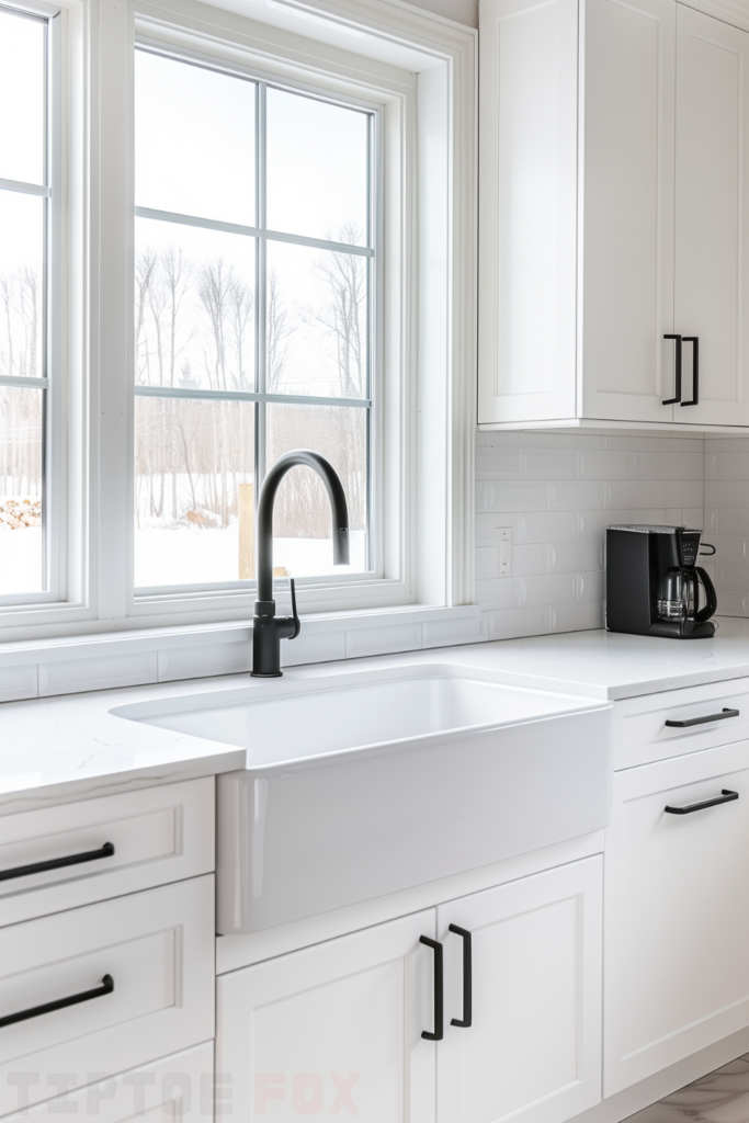 sink farmhouse white kitchen black handles black faucet