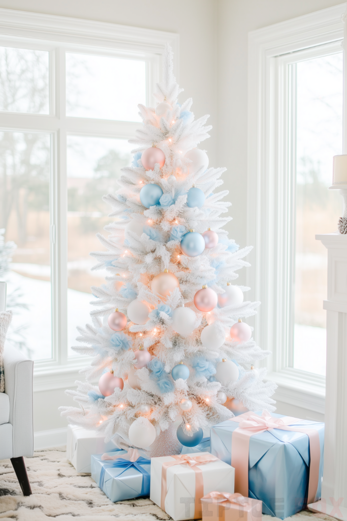 slim white christmas tree pink and blue ornaments