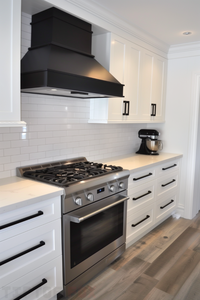 subway tile backsplash white kitchen black hardware white cabinets