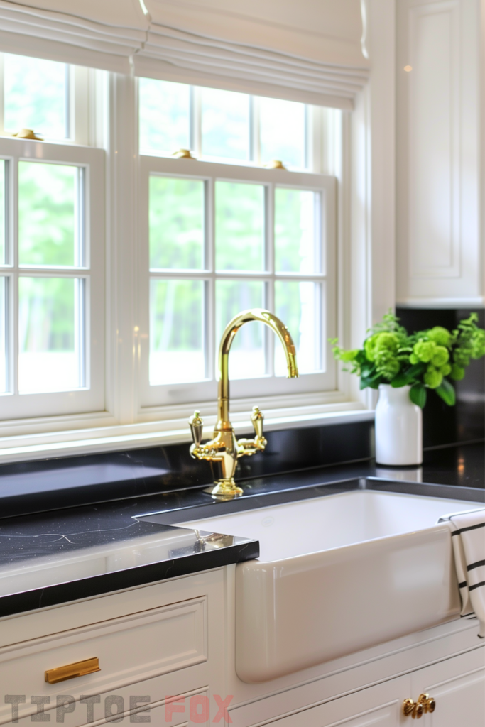 white cabinets gold faucet black countertops