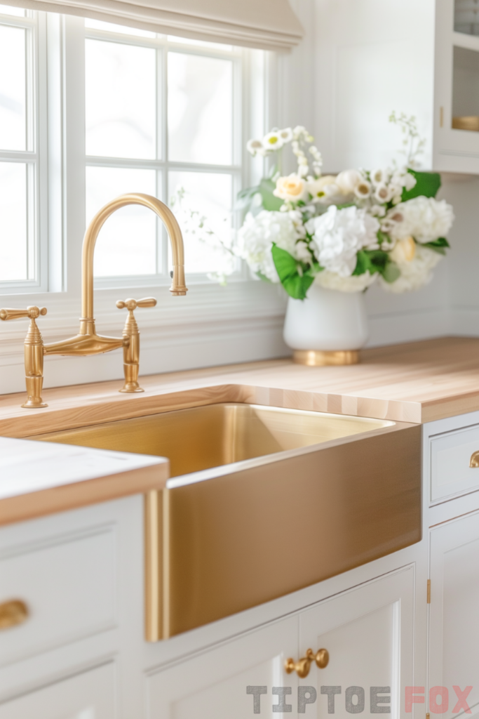 white cabinets gold faucet butcher block