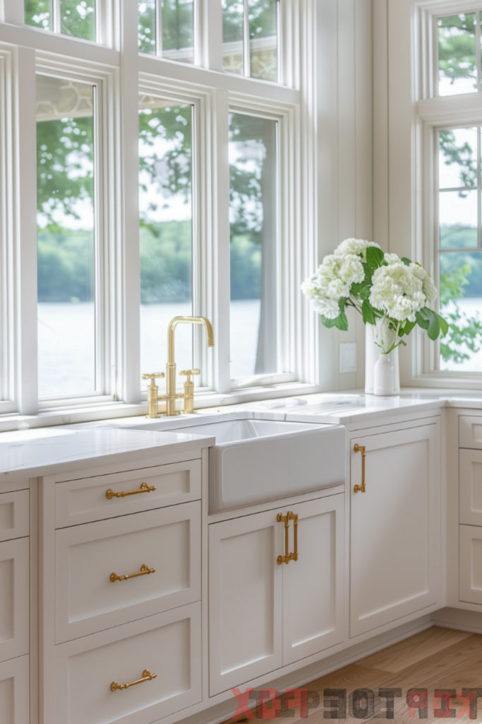 white cabinets gold faucet farmhouse sink white