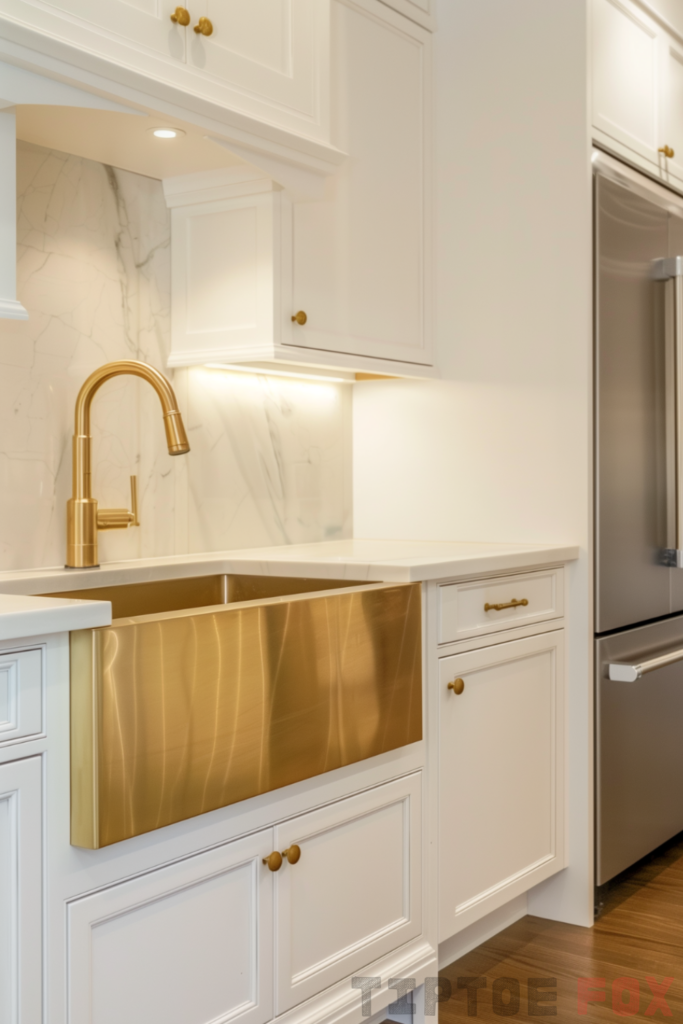 white cabinets gold faucet stainless steel appliances