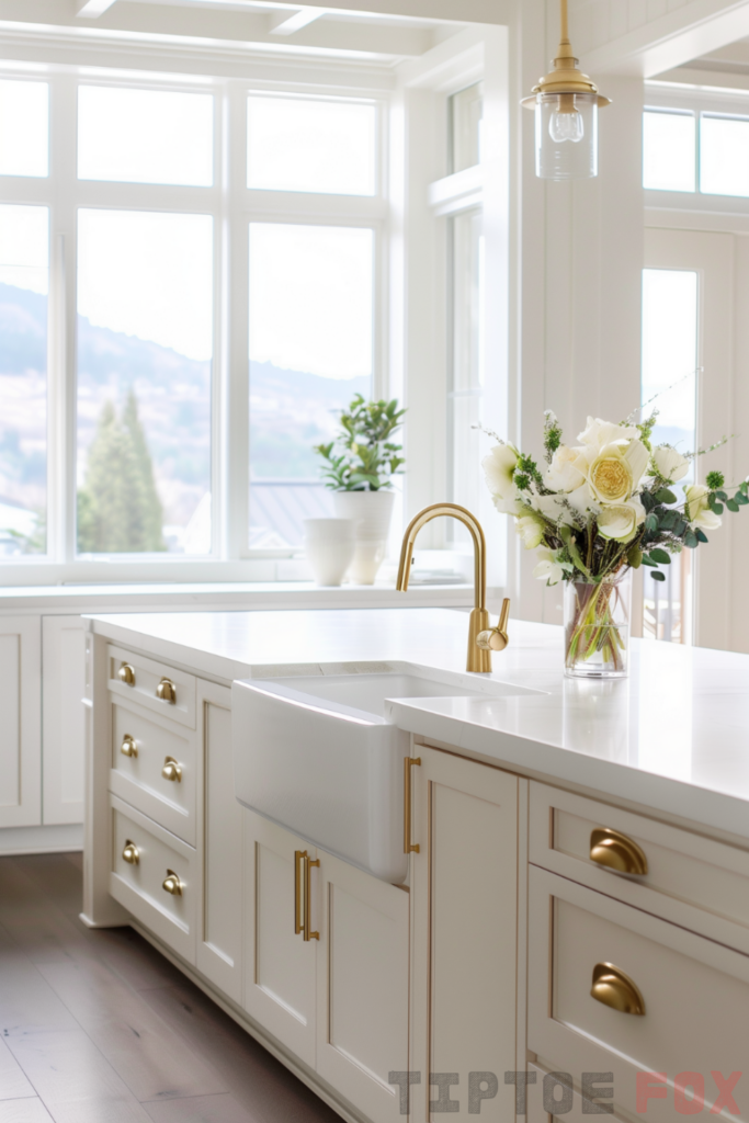 white cabinets gold faucet white countertops