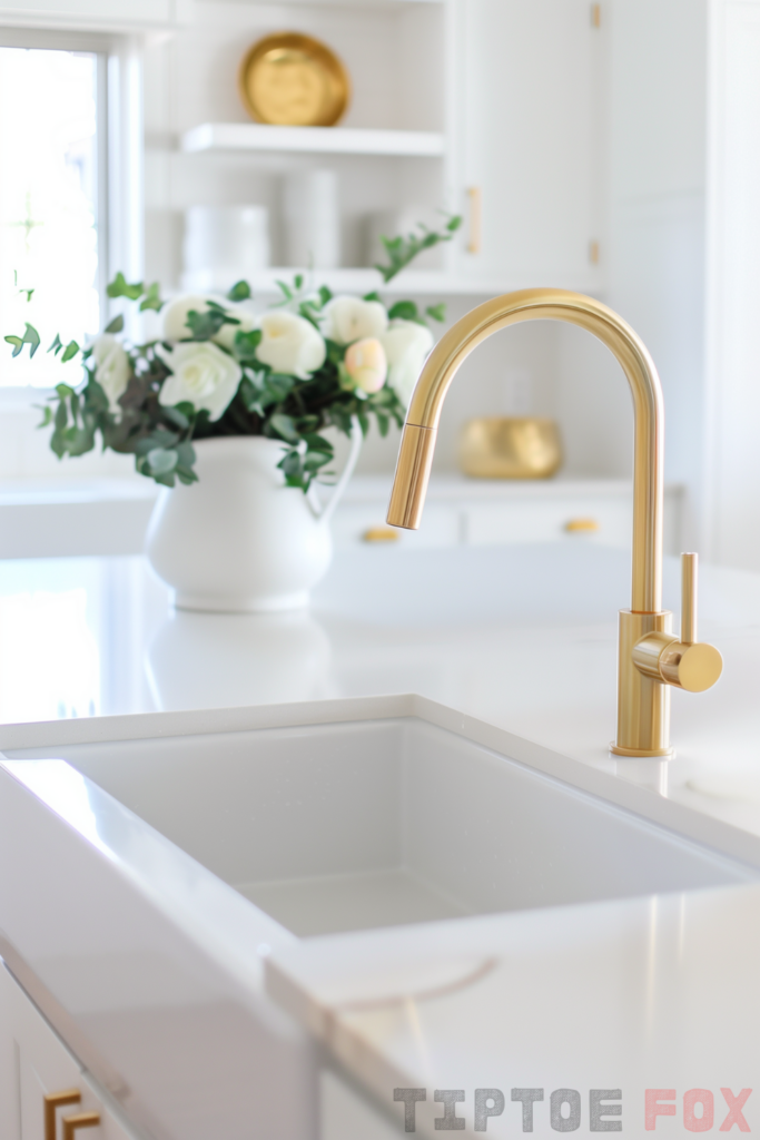 white cabinets gold kitchen faucet white countertops