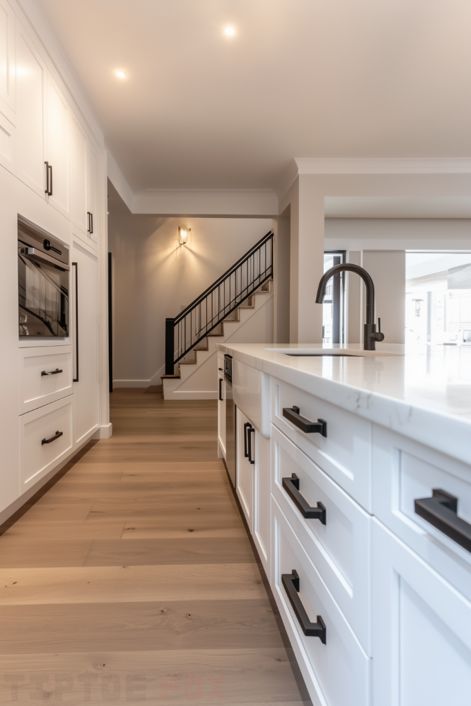 white cabinets white kitchen black accents wood floor