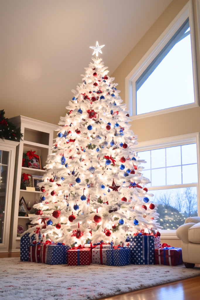 white christmas tree blue red decorations