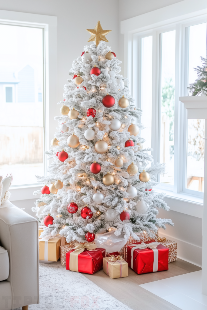 white christmas tree gold and red ornaments