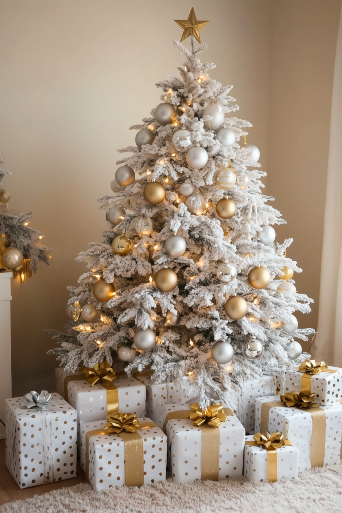 white christmas tree gold and silver ornaments