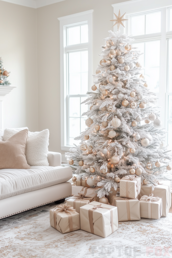 white christmas tree with neutral decorations