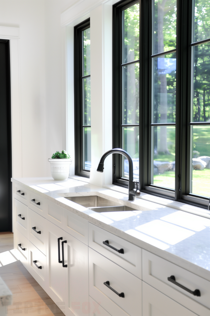 white counters white kitchen black handles modern