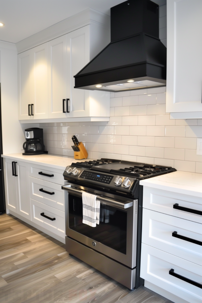 white counters white kitchen black pulls wood floor