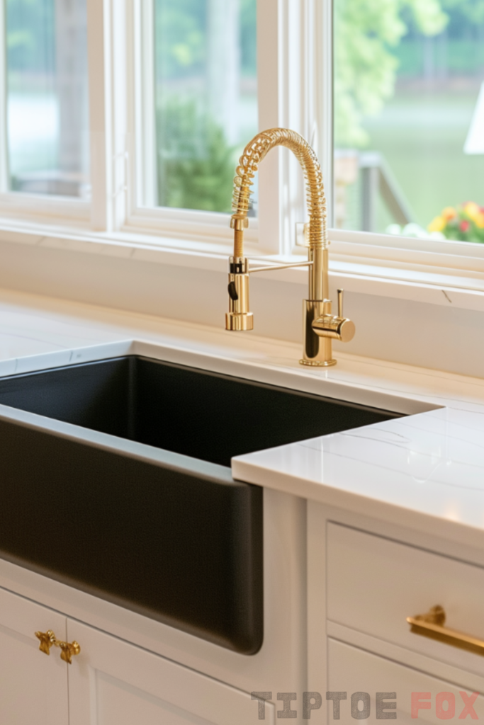 white countertops gold faucet black sink