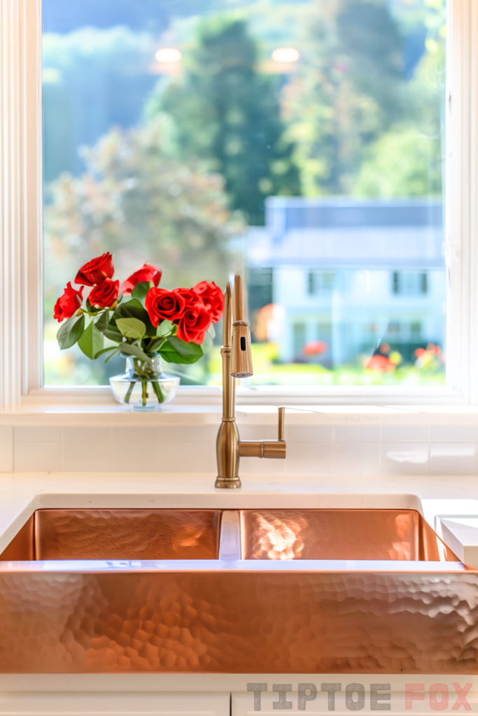 white countertops gold faucet copper sink farmhouse