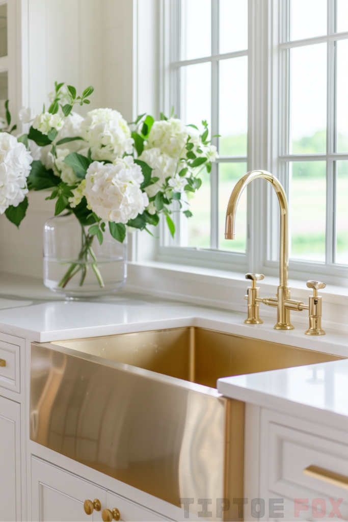 white countertops gold faucet gold sink