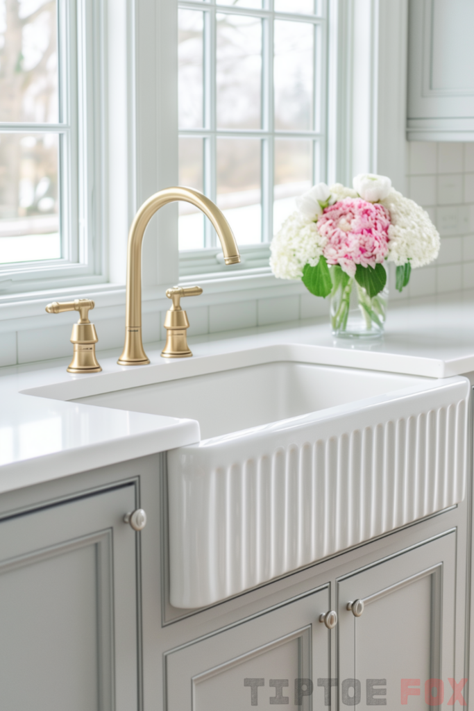 white countertops gold faucet white sink farmhouse