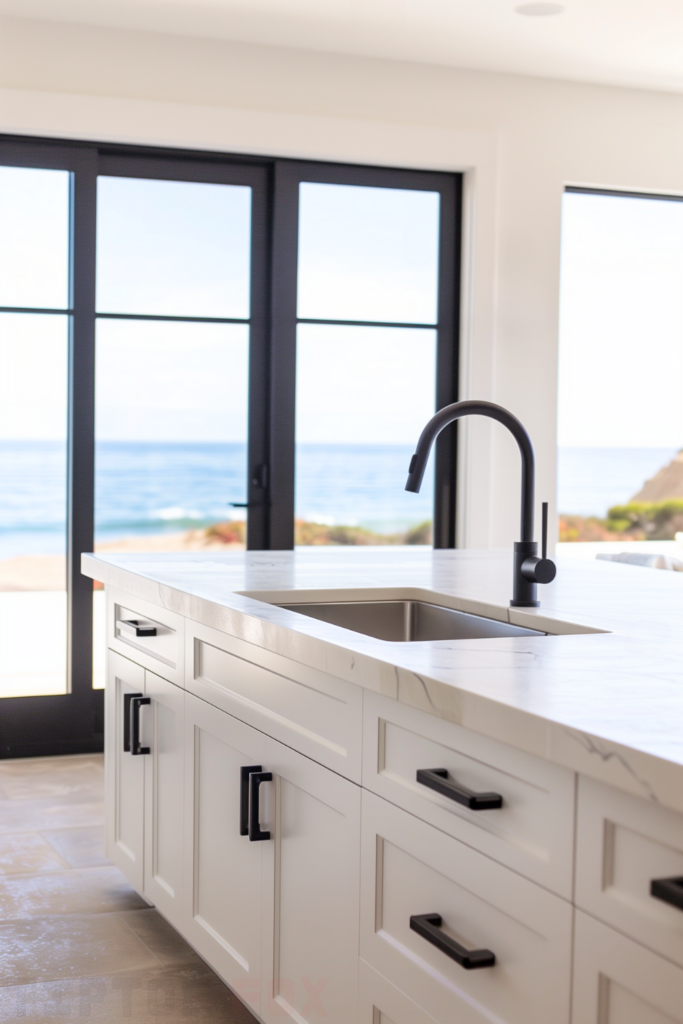 white island white kitchen black hardware barstools