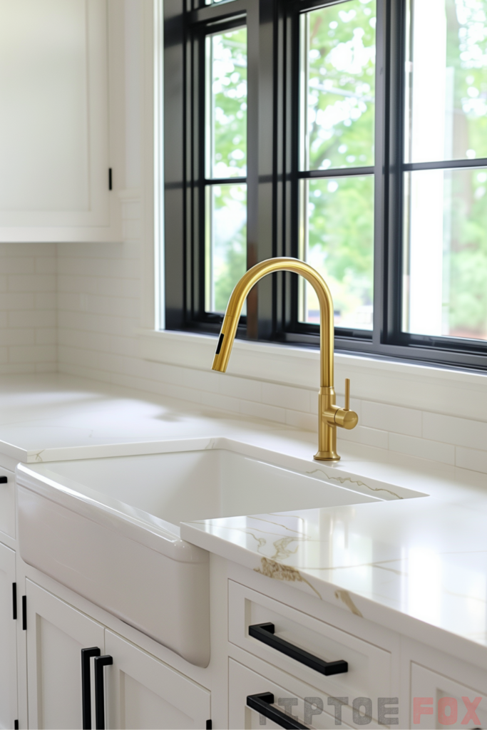 white kitchen gold faucet black hardware