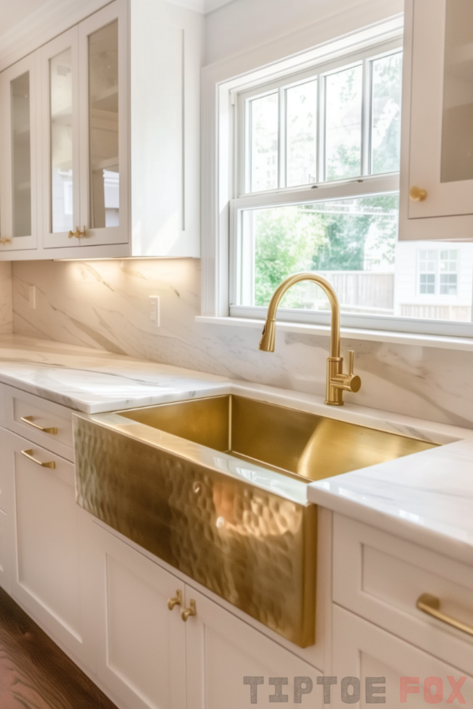 white kitchen gold faucet marble kitchen