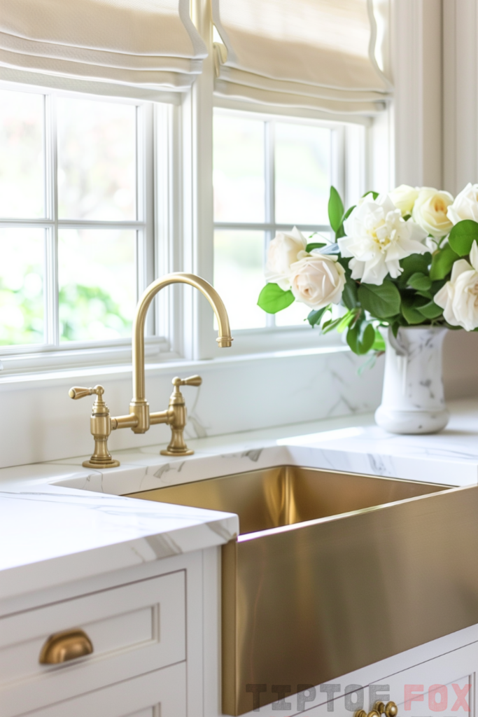 white kitchen gold faucet white countertops