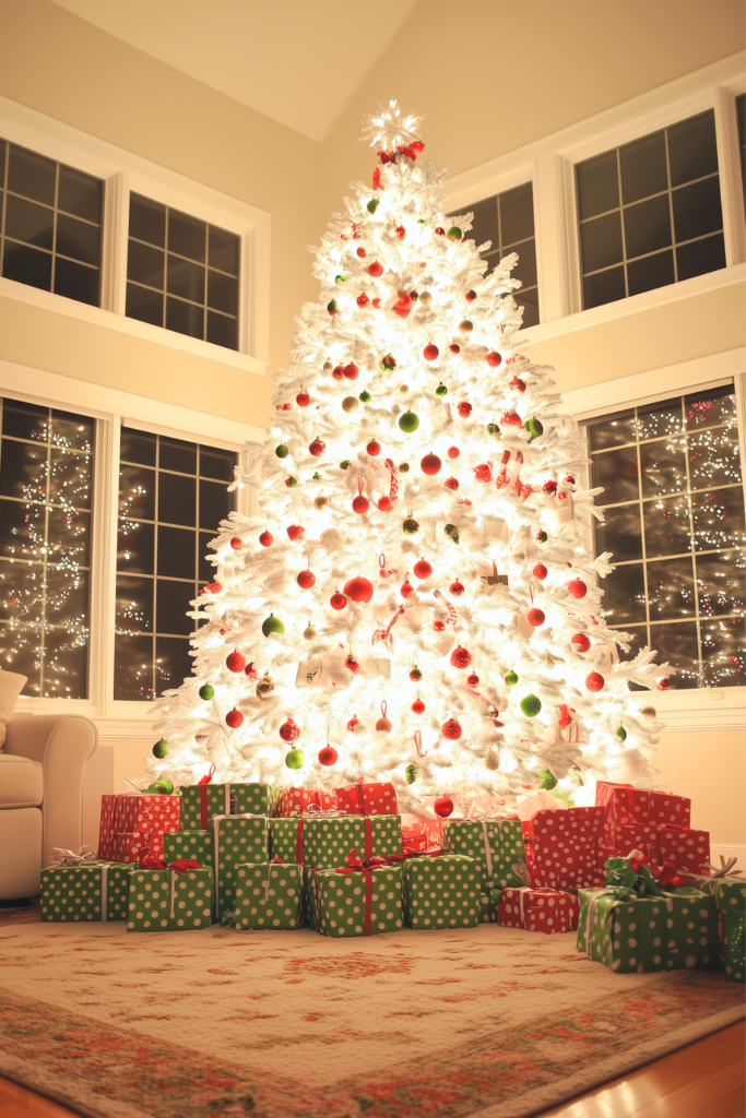 white lights white christmas tree with green and red decorations