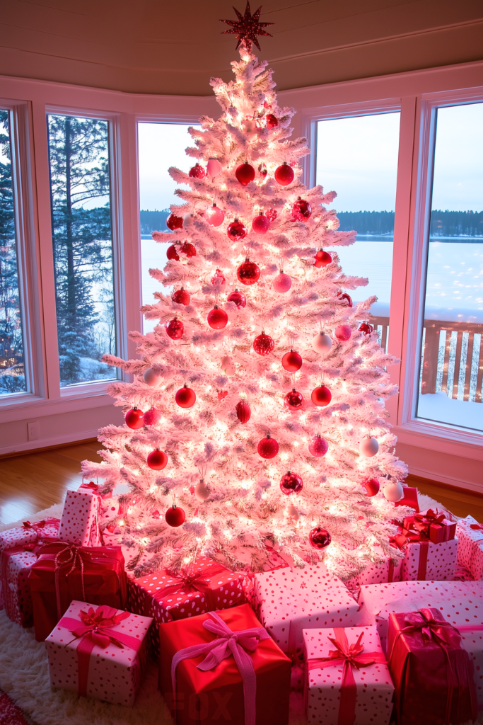 white lights white christmas tree with pink and red decorations