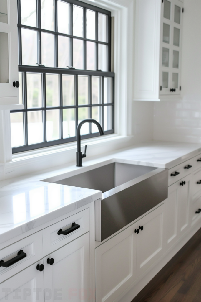 white quartz counter black hardware white kitchen silver sink