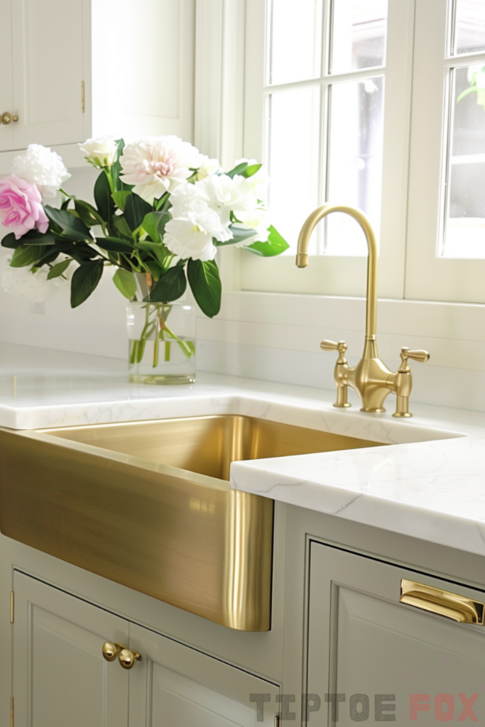 white quartz countertops gold faucet grey cabinets