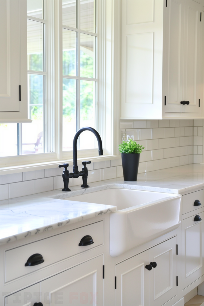 white quartz countertops white kitchen black hardware white cabinets