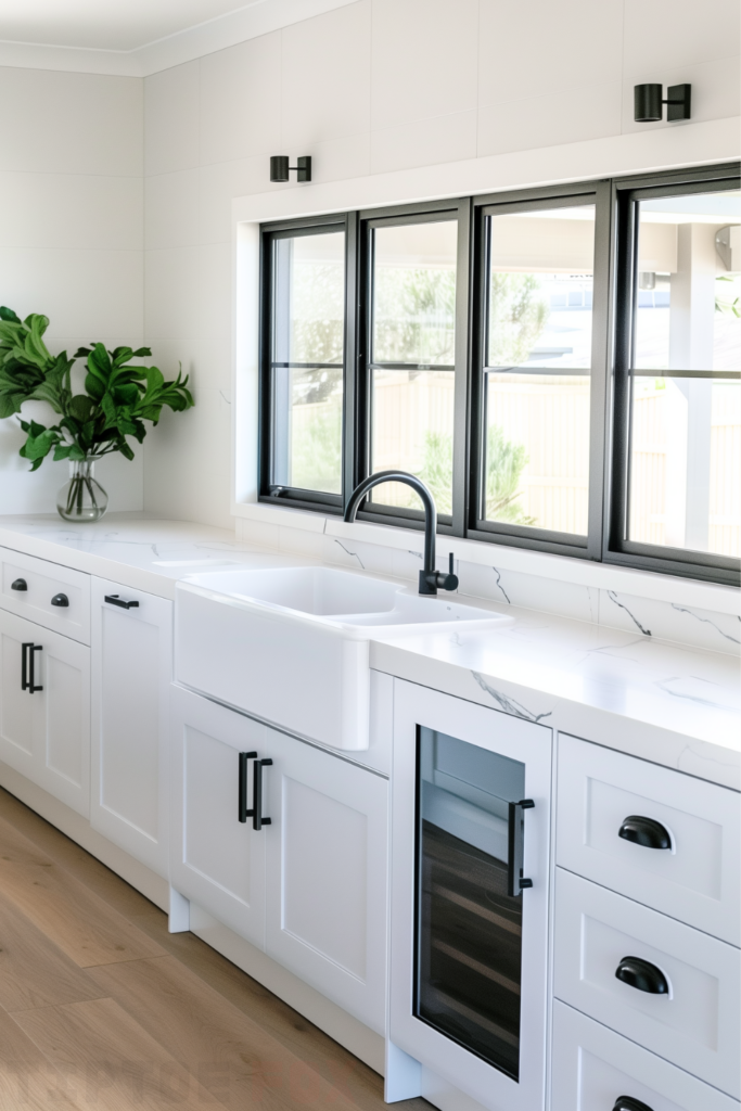 white quartz countertops white kitchen black hardware wood floors