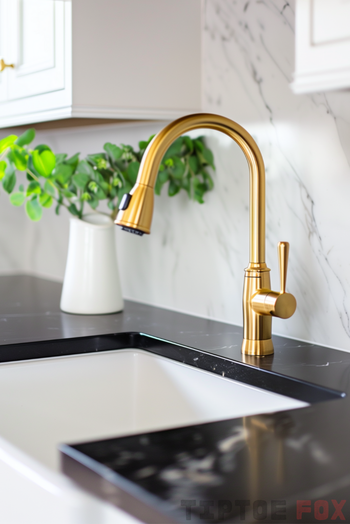 white sink gold faucet black countertops