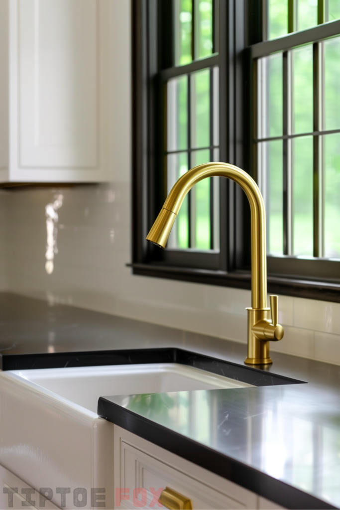 white sink gold faucet dark countertops