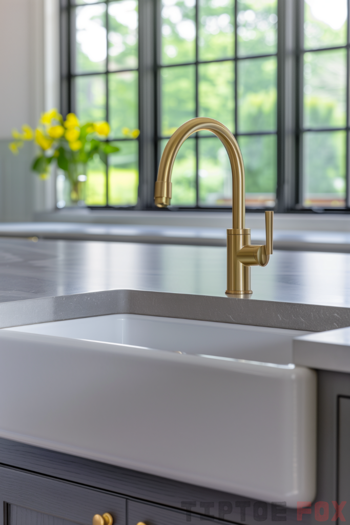 white sink gold faucet grey countertops