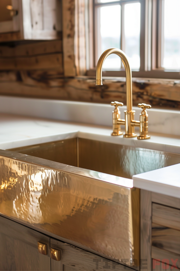 wood cabinets gold faucet farmhouse sink